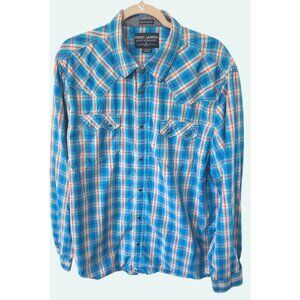 Cody James Mens Western Plaid Snap Button Shirt 2XL Regular Fit Blue/Orange Cott